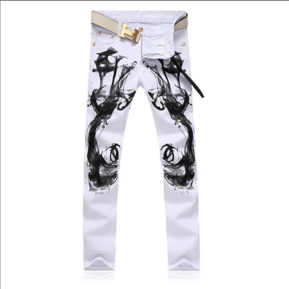 Sosoo White Black Graphic Print Slim Fit Jeans 31